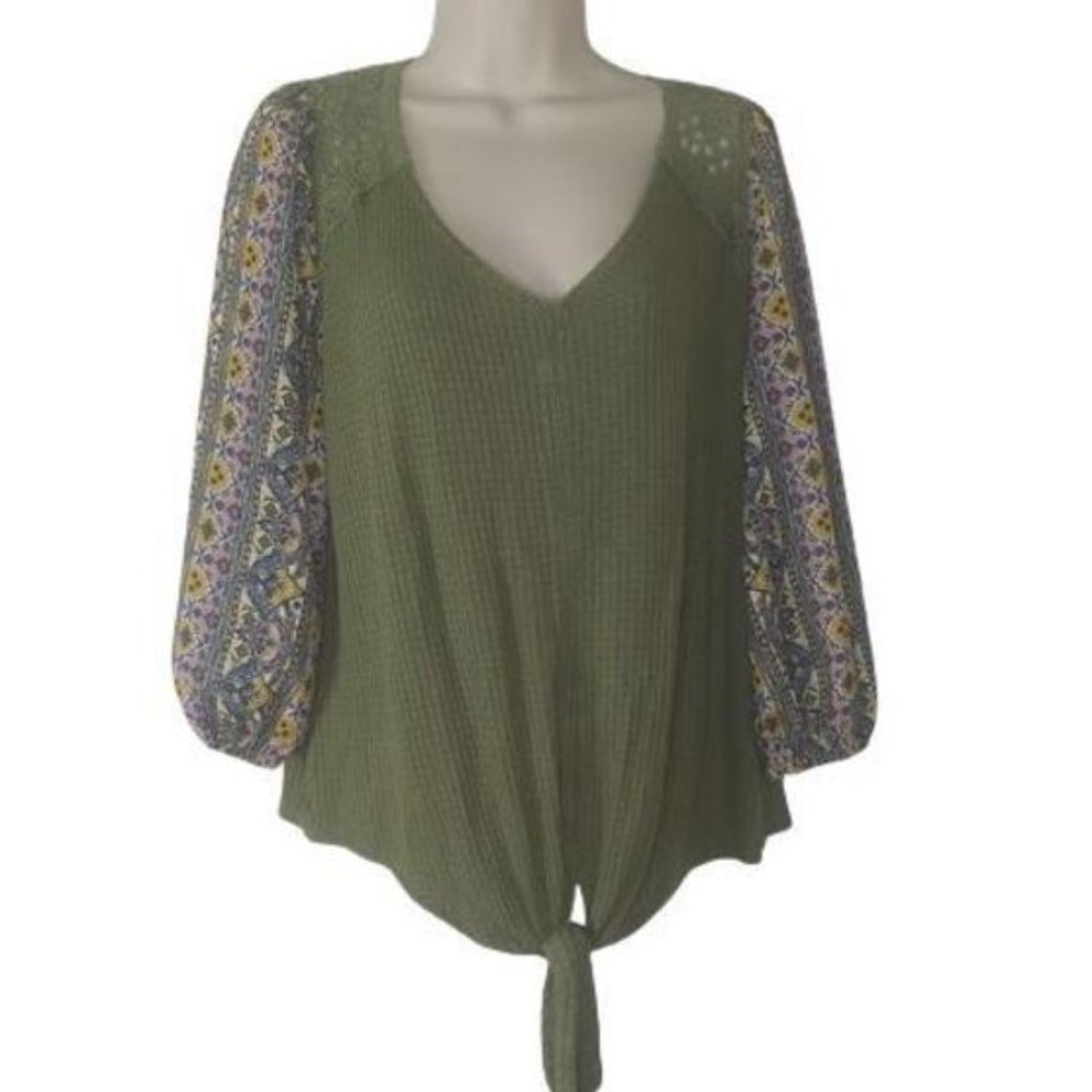 Californian Stitch Waffle Knit TIe Hem Mixed Media Top